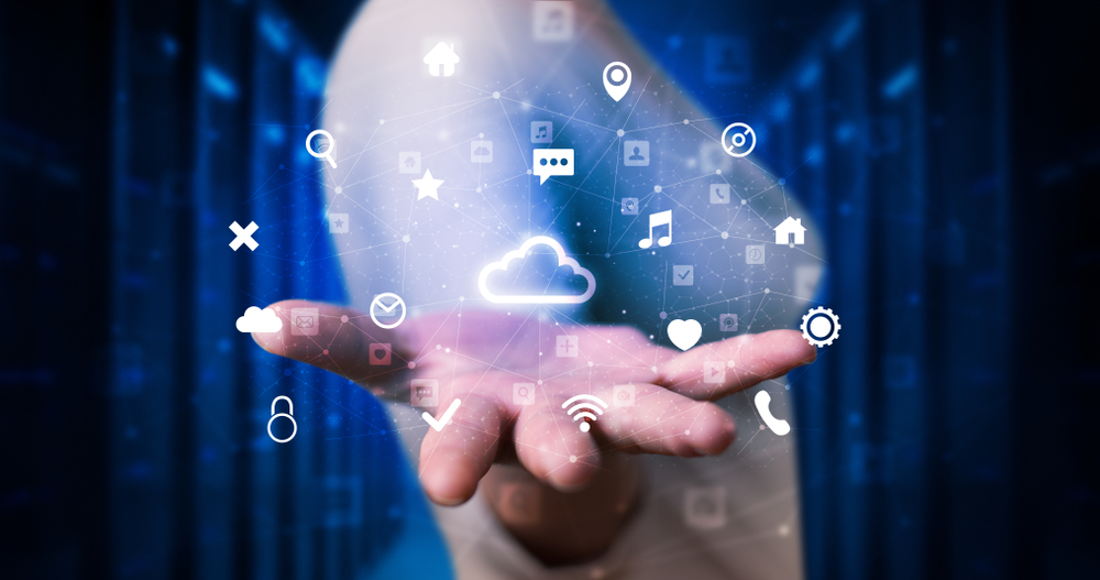 Person holding hologram screen displaying information from cloud technology Person holding hologram screen displaying information from cloud technology